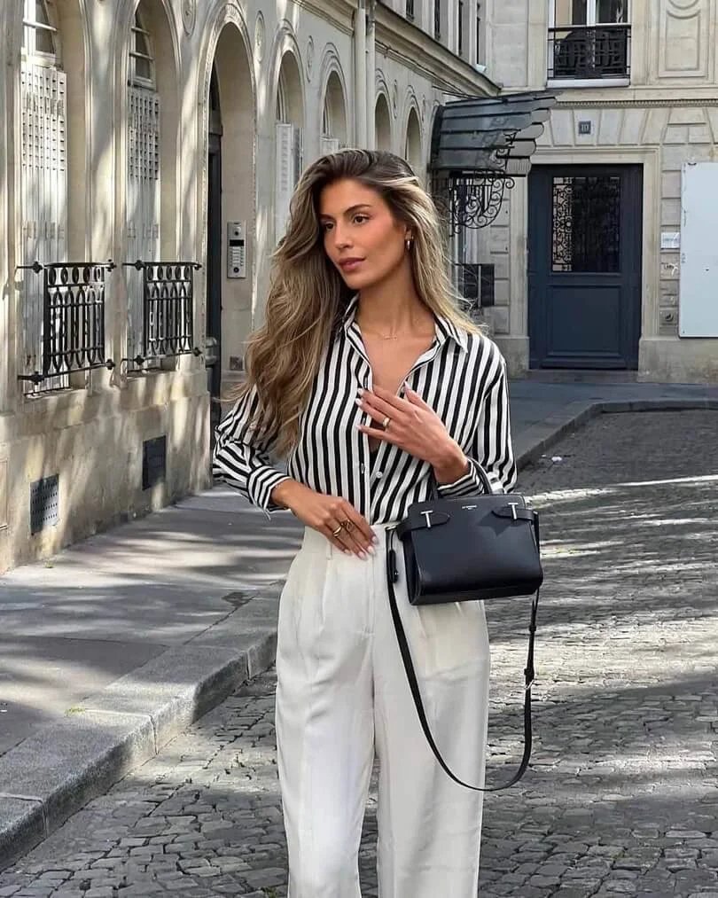 Striped shirt, white trousers