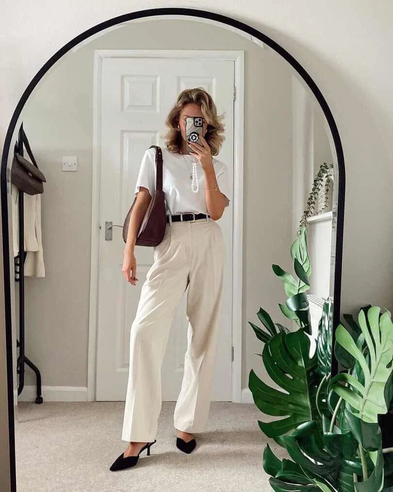 White Tee and Cream Trousers