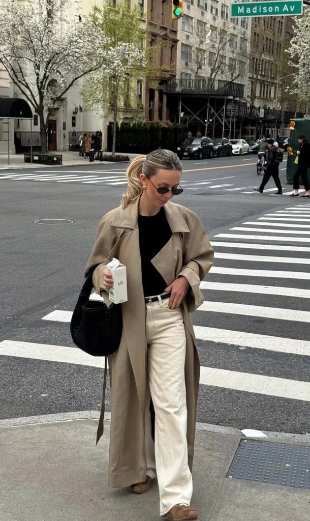 Beige Trench and Cream Jeans