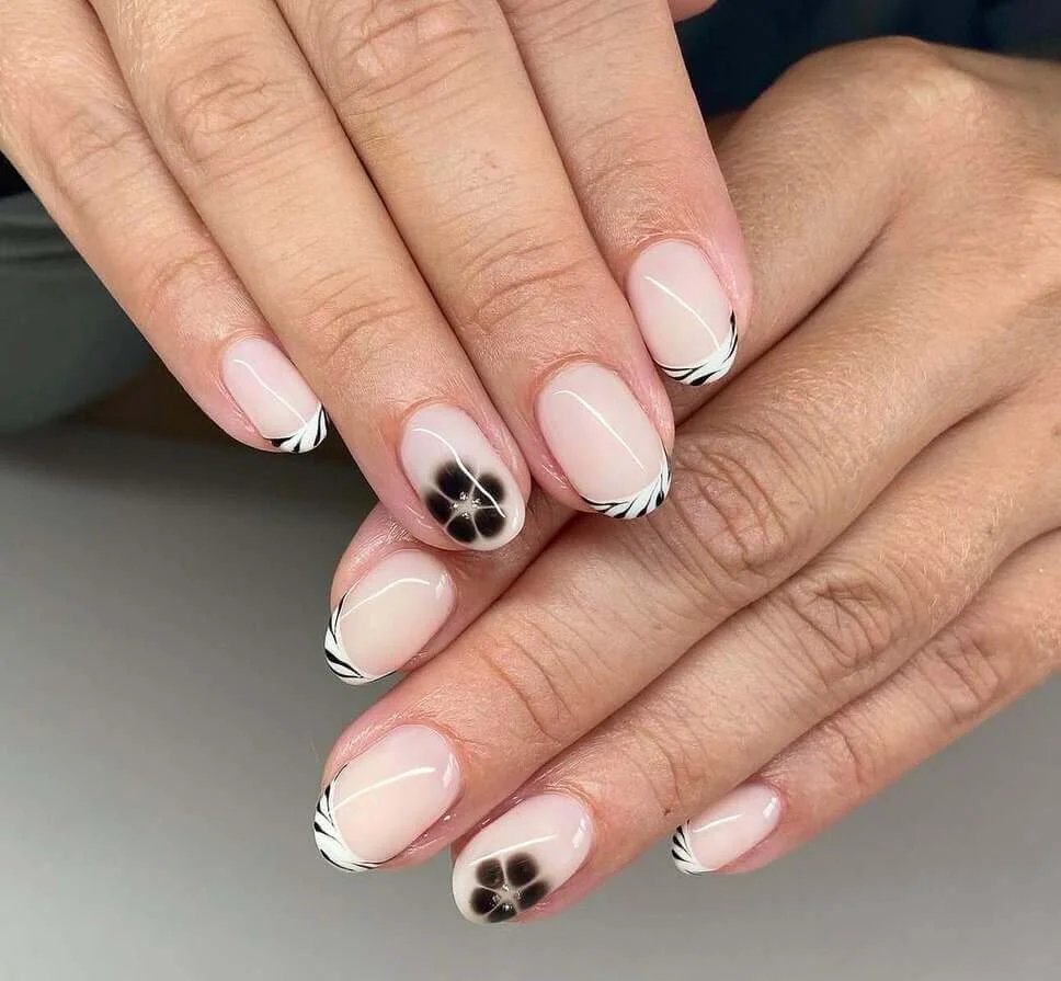 Black Floral French Tips