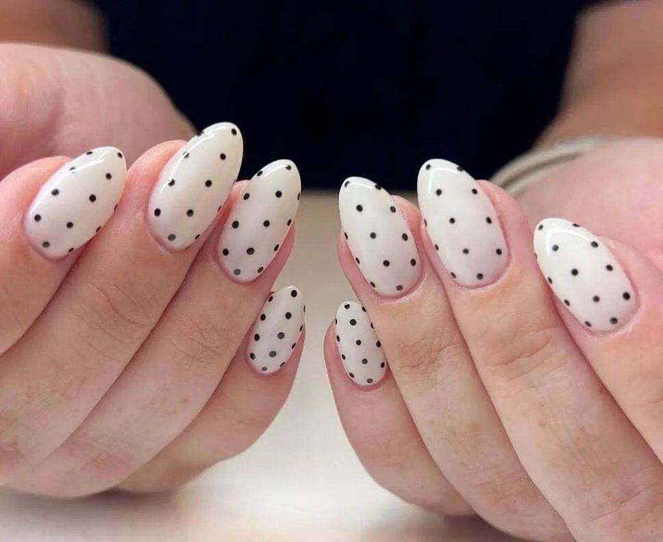 Black polka dots on white