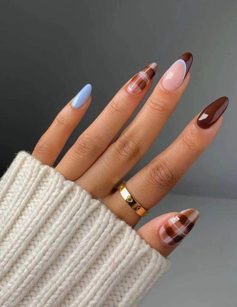 Blue brown plaid nails