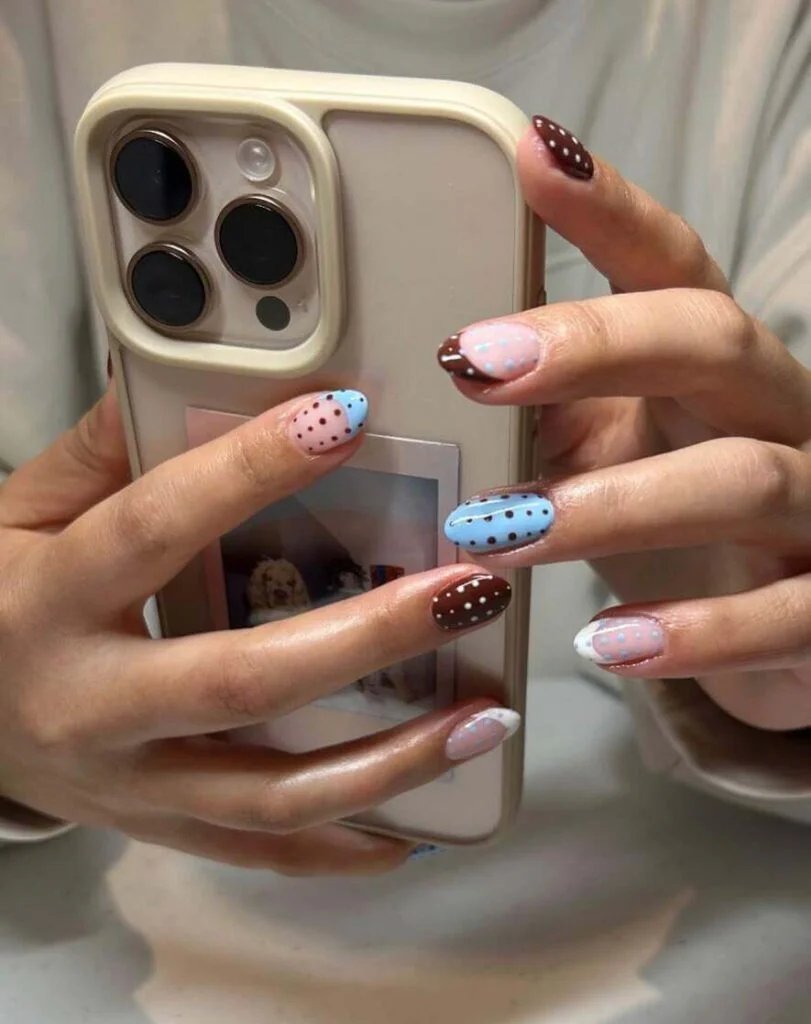 Brown blue dot nails