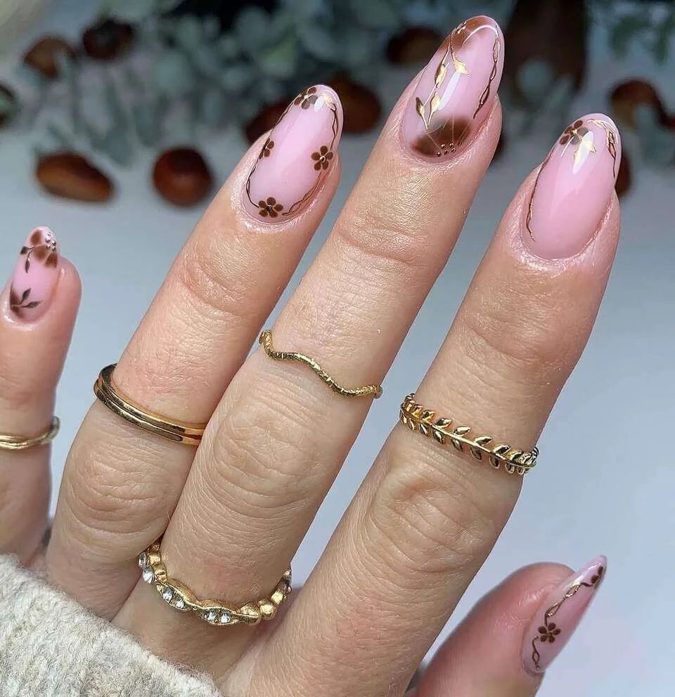 Brown Floral Nail Design