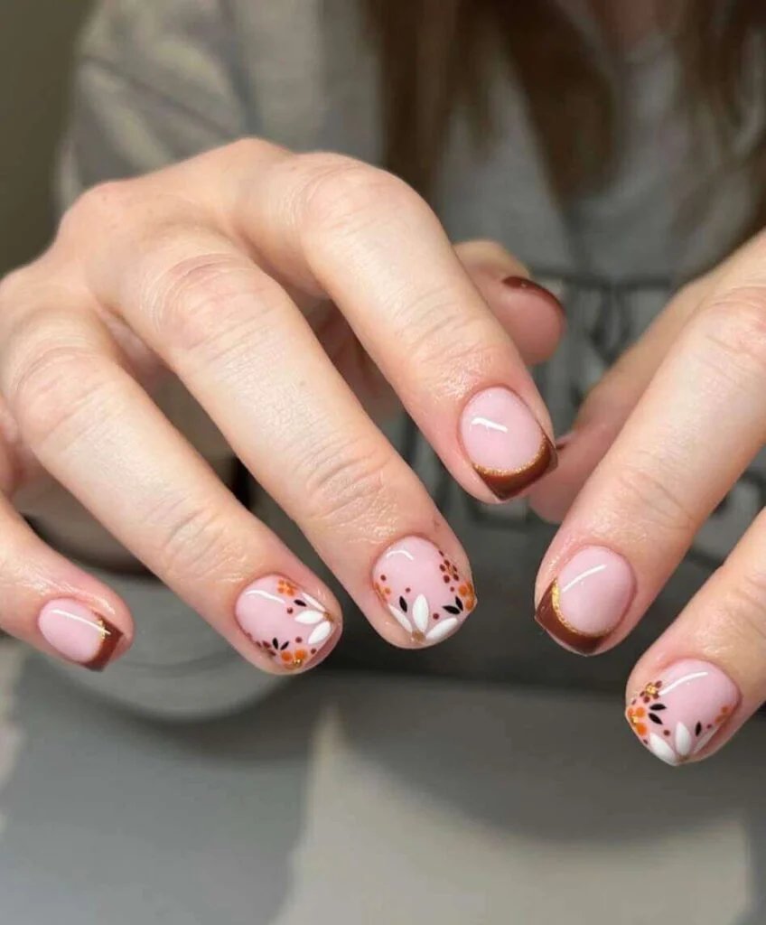Brown French Tips with Tiny Flowers
