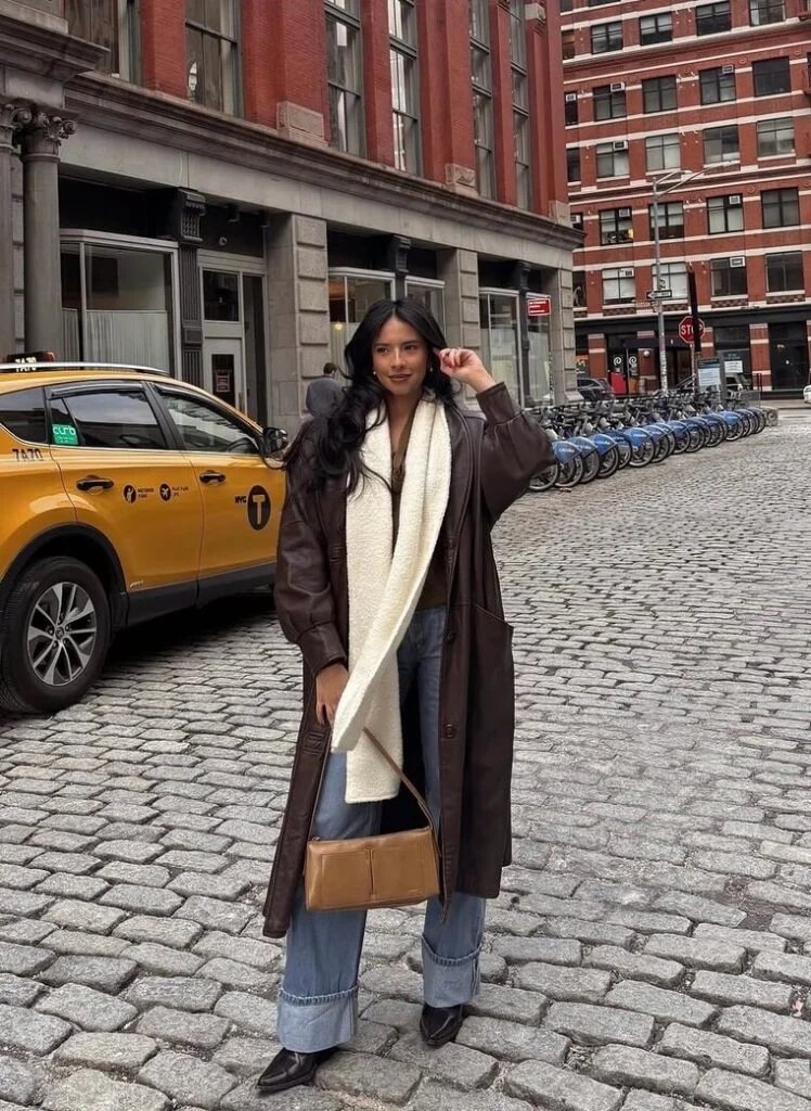 Brown leather coat outfit
