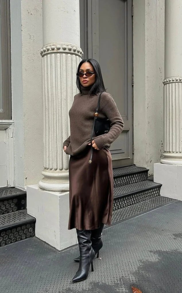 Brown sweater satin skirt