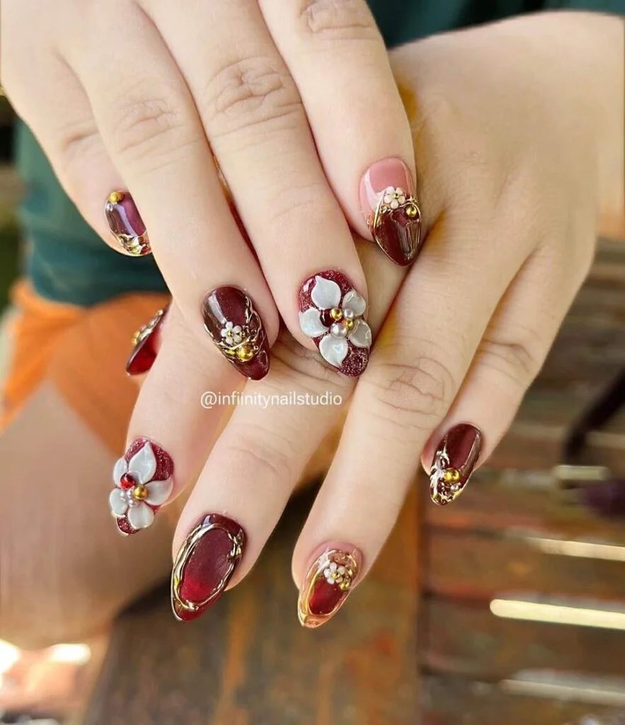 Burgundy 3D floral chrome nails