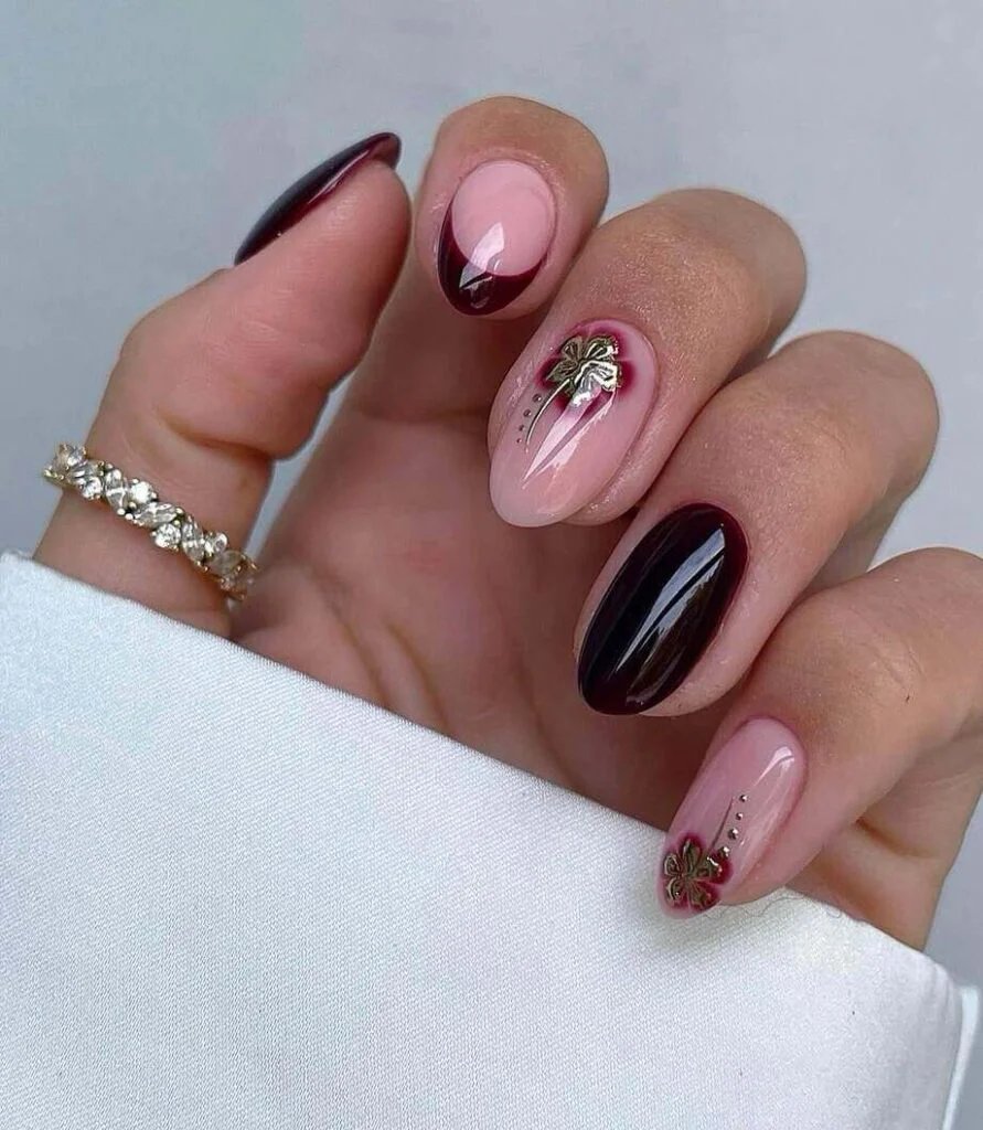 Burgundy and pink floral nails
