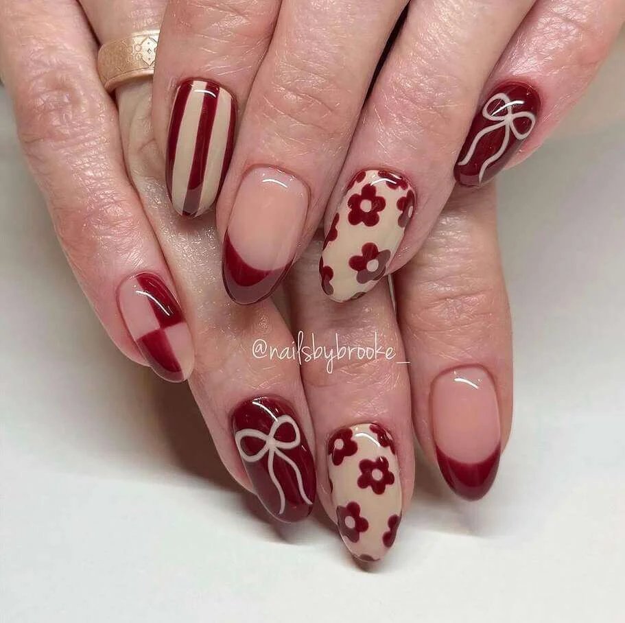 Burgundy floral nails