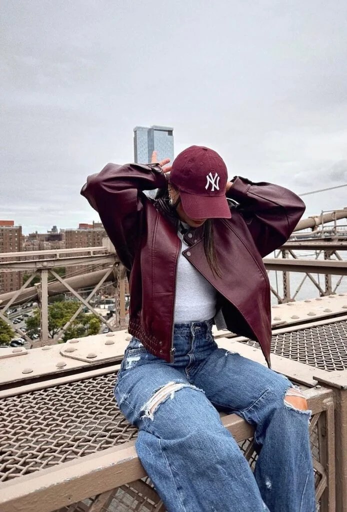 Burgundy leather jacket outfit
