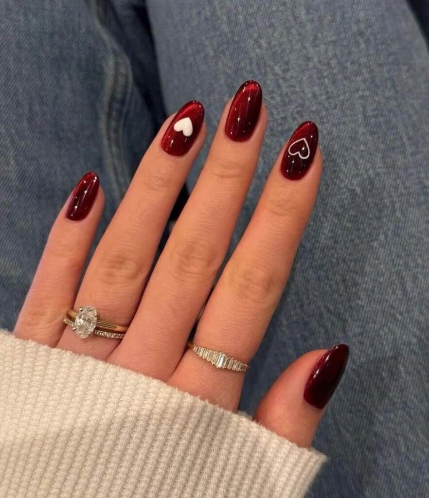 Burgundy nails with hearts