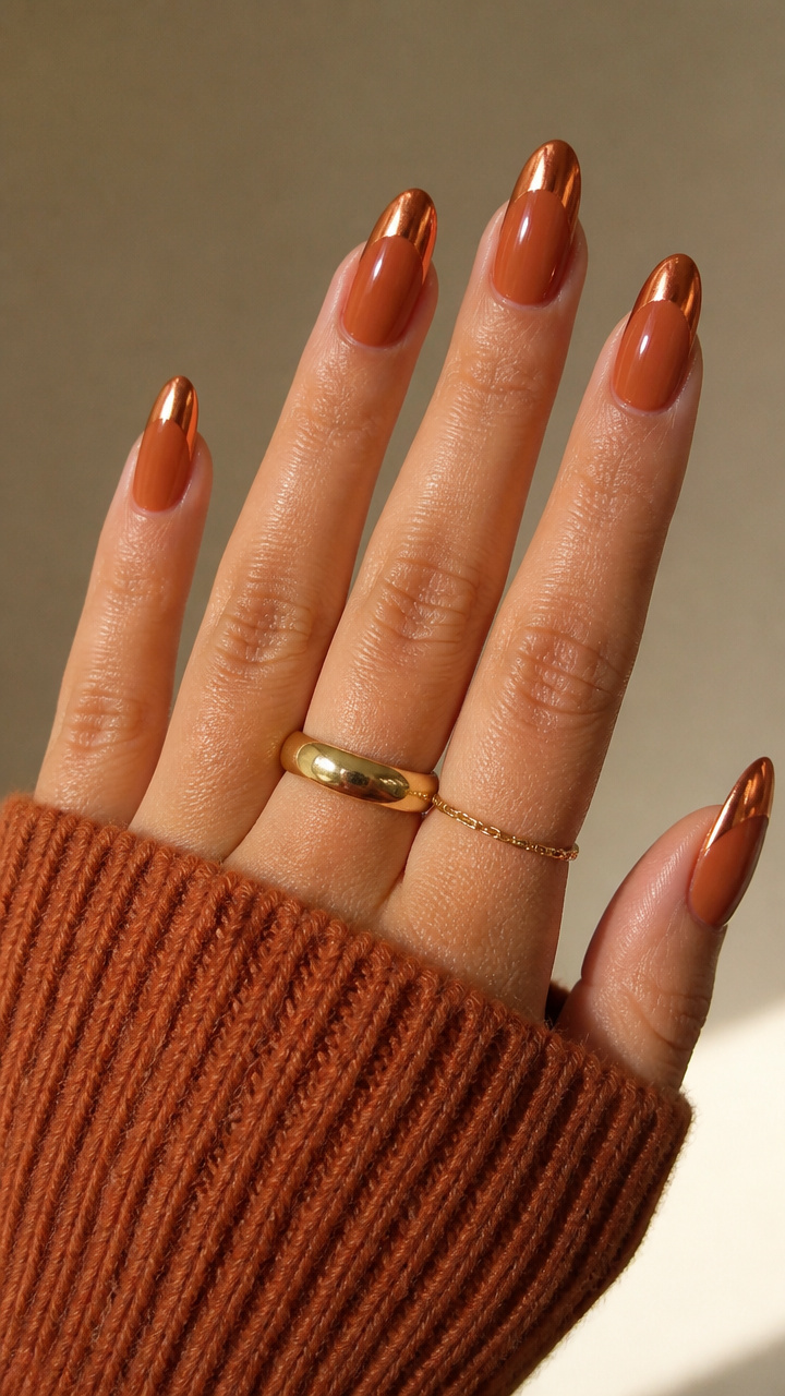 Burnt Orange French Tips with Chrome Edge