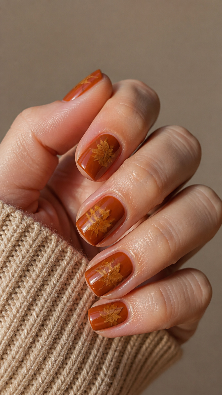 Burnt Orange with Pressed Maple Leaves