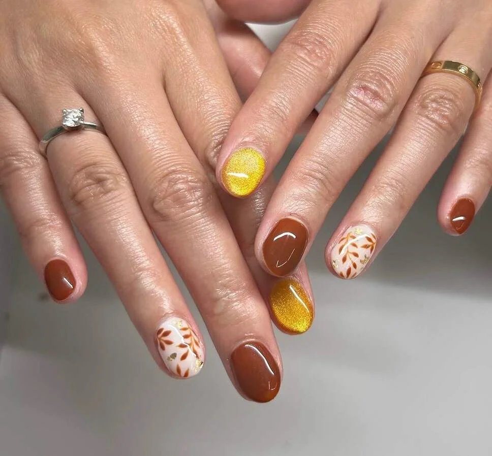Caramel Brown and Gold Leaf Nails
