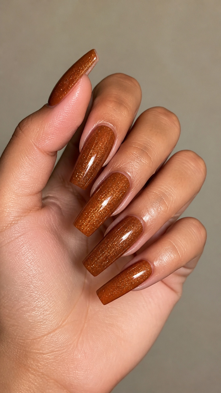 Caramel Shimmer Coffin Nails