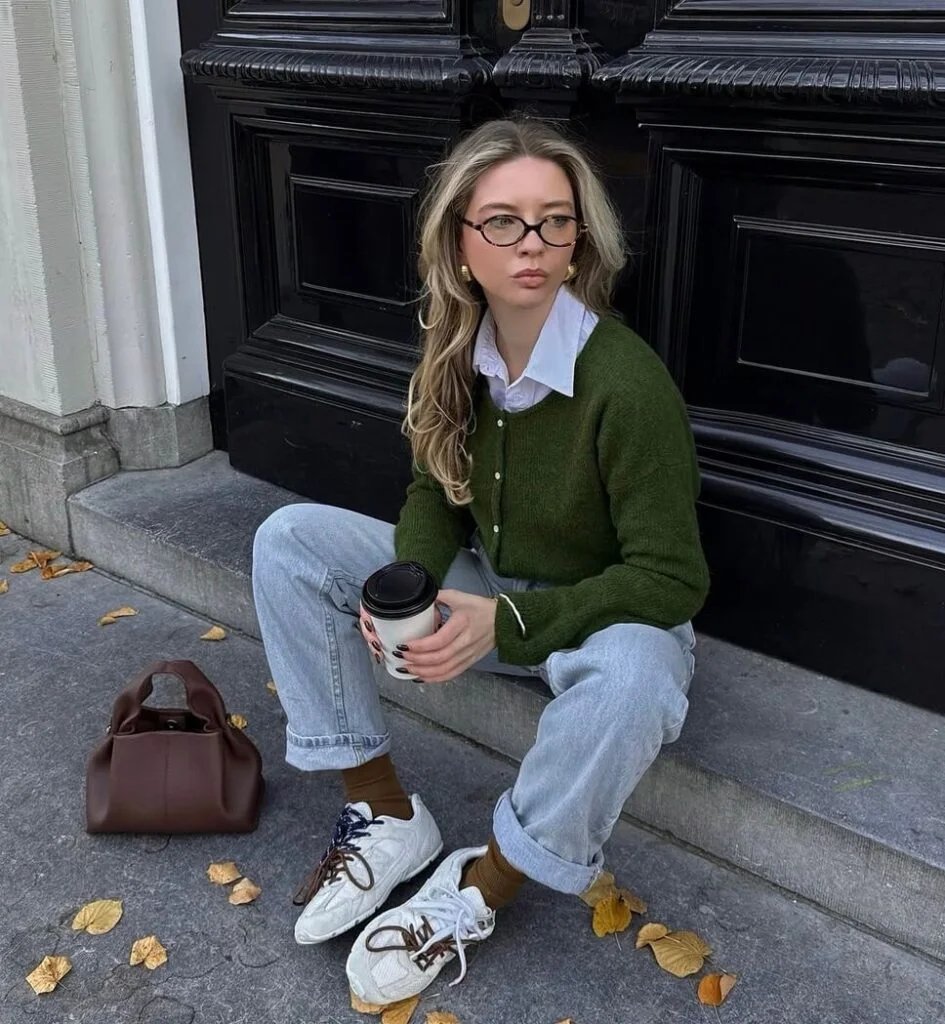 Green cardigan, cuffed jeans