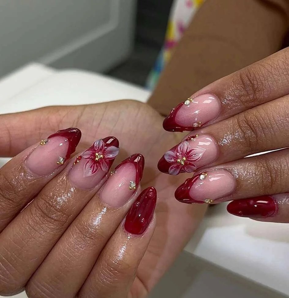 Maroon Floral French Nails