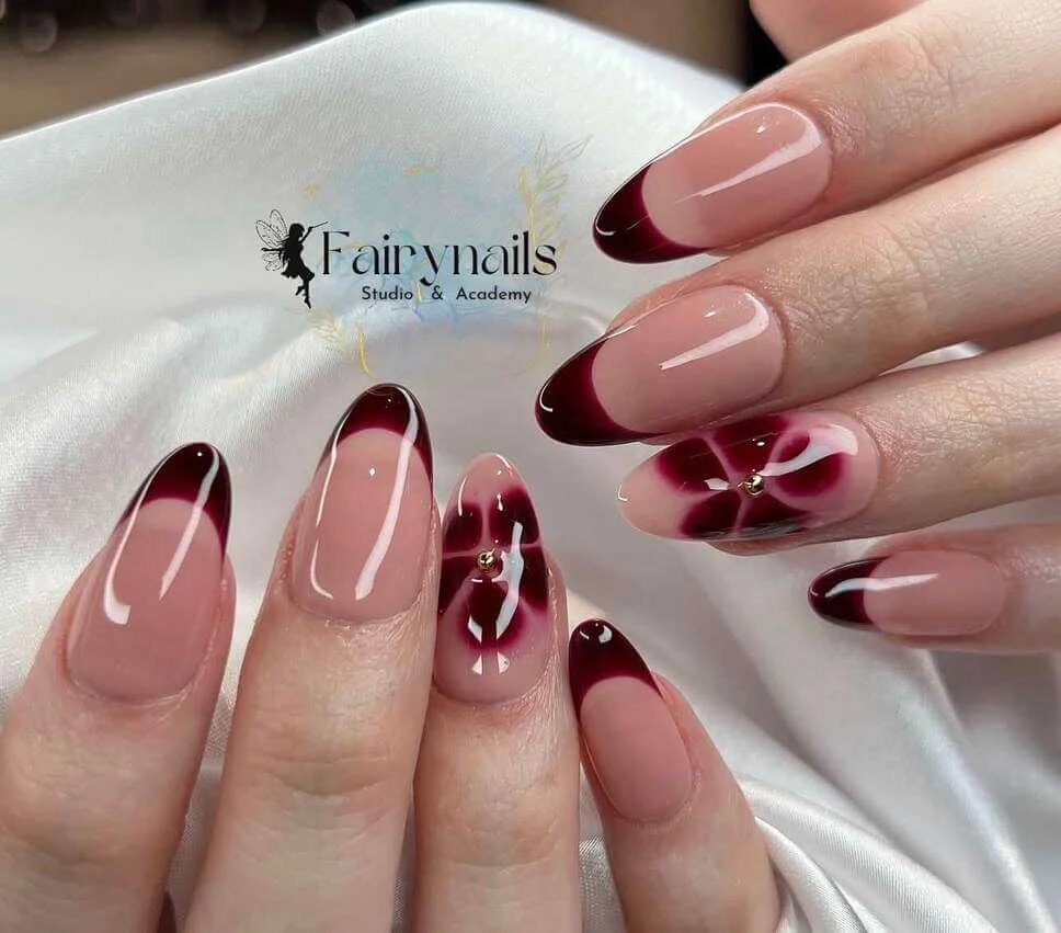 Maroon Floral French Tips
