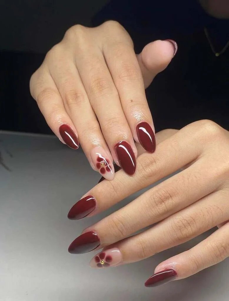 Maroon Flower Nails