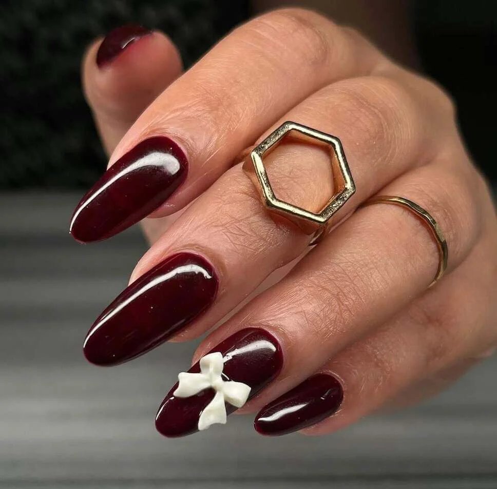 Maroon Nails with White Bows
