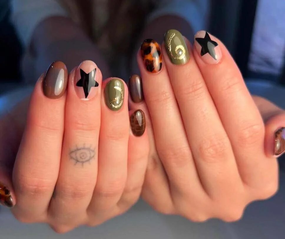 Olive Green Leopard Nails