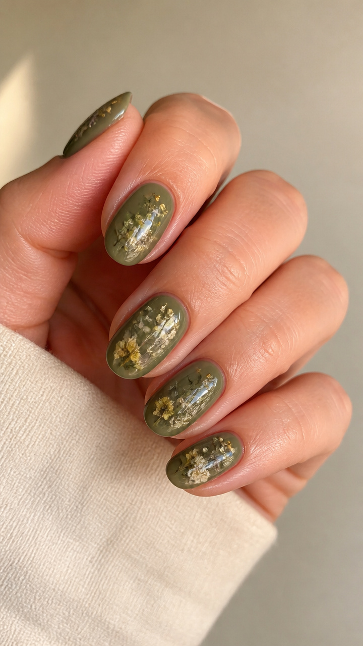Olive Green With Pressed Floral Embellishments