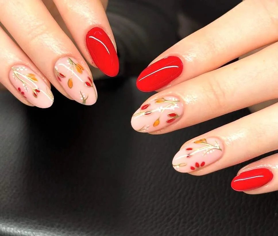 Red and orange botanical nails