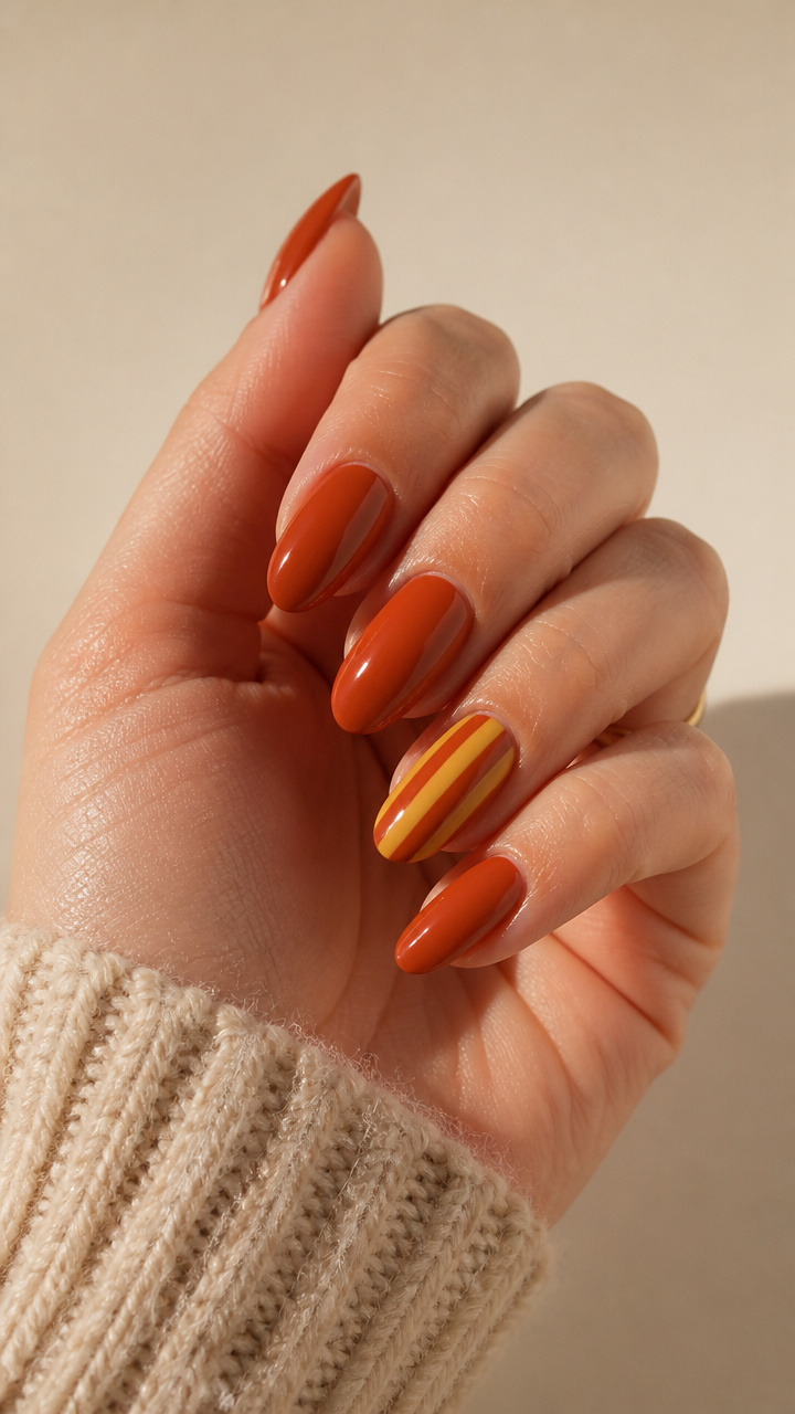 Rust and Mustard Striped Accent Nail