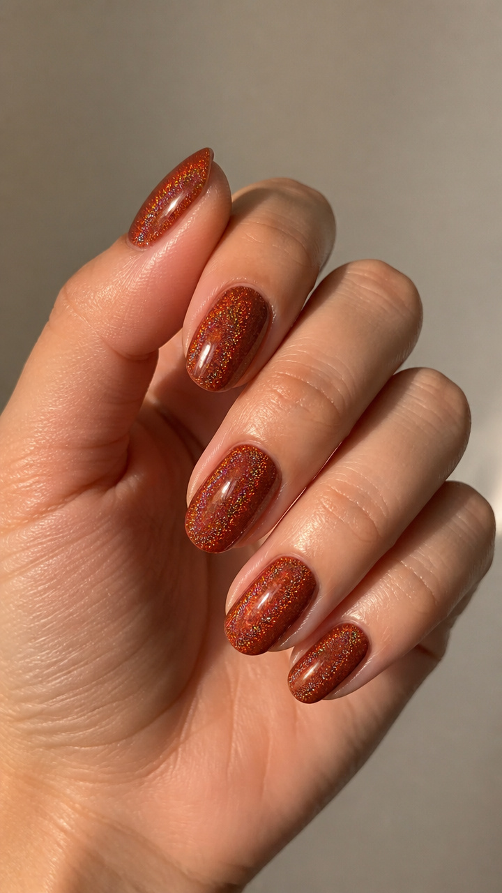Rust Holographic Flake Manicure
