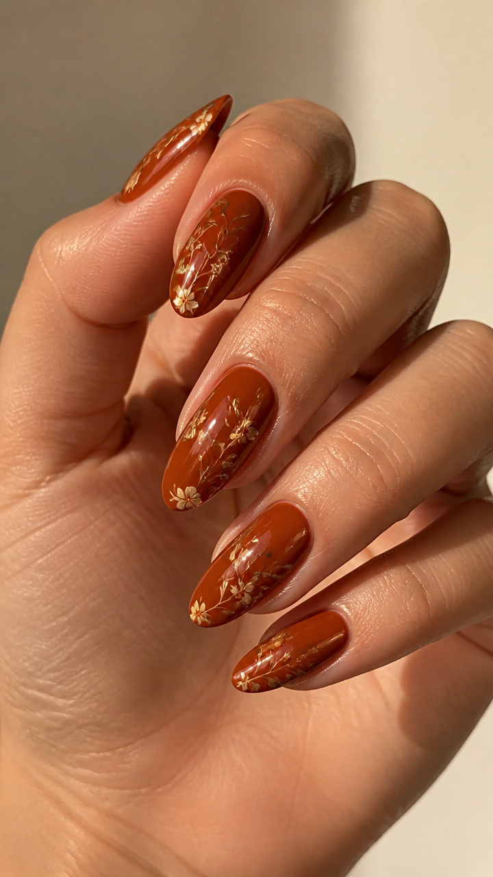 Rust with Delicate Vine Nail Art