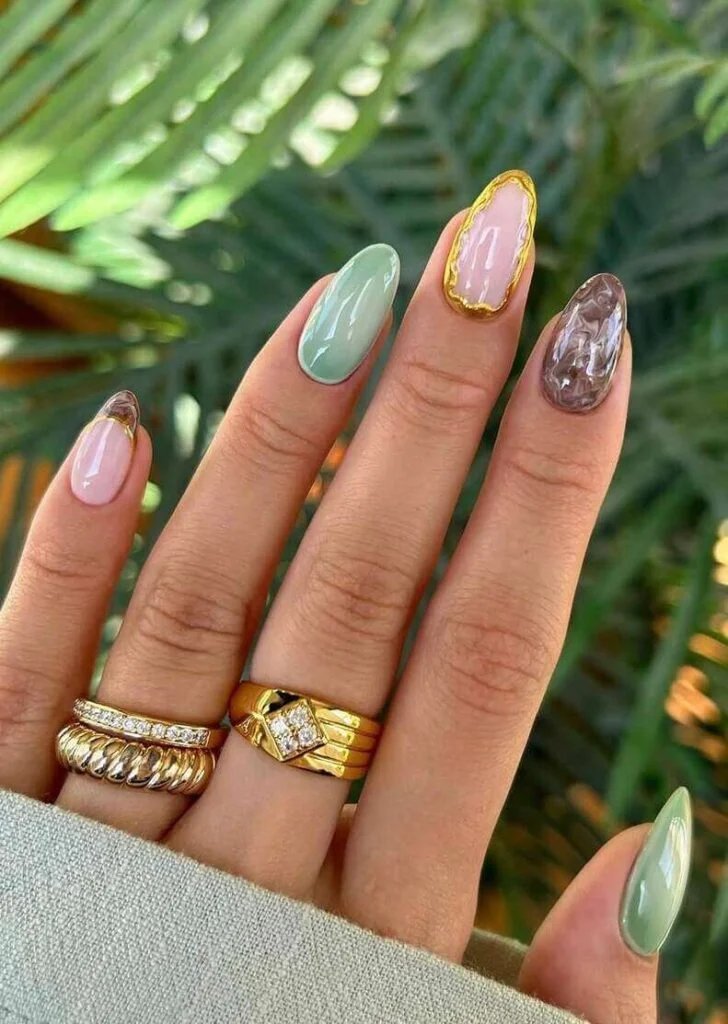 Sage Green, Brown, Gold Nails