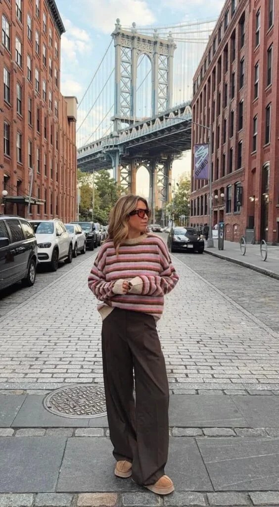 Striped sweater, brown trousers