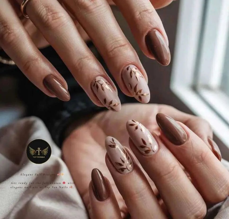 Taupe Floral Almond Nails