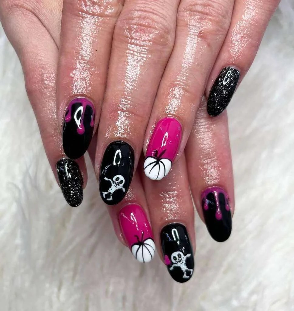 Black pink skeleton nails