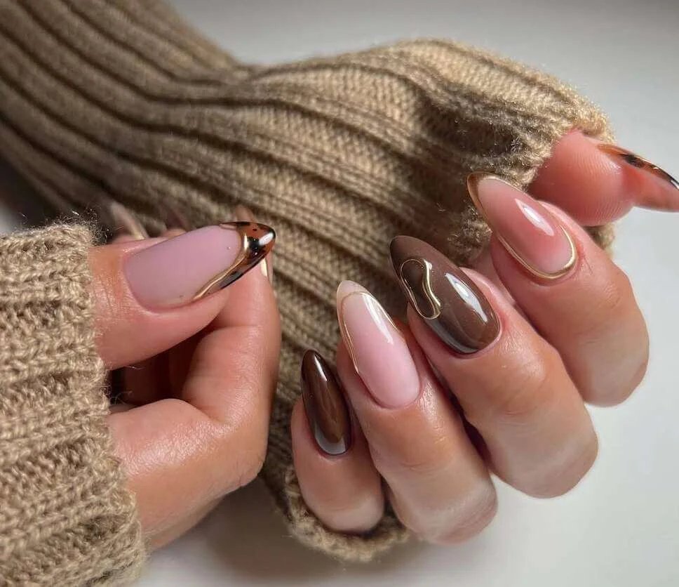 Brown and gold nail design