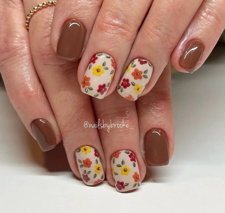 Brown nails with fall flowers