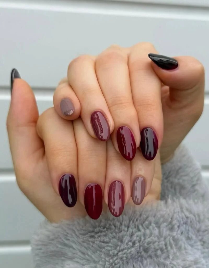 Burgundy Mix Nails