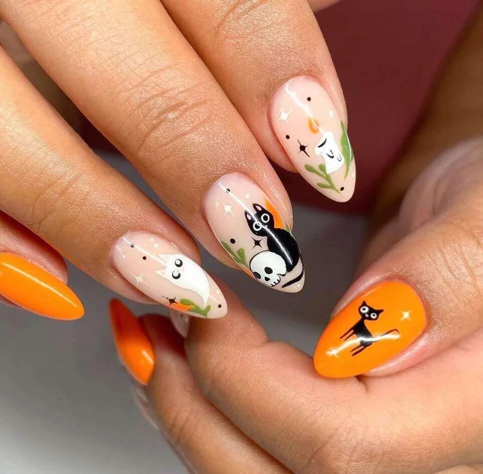 Cats and ghosts with orange accents