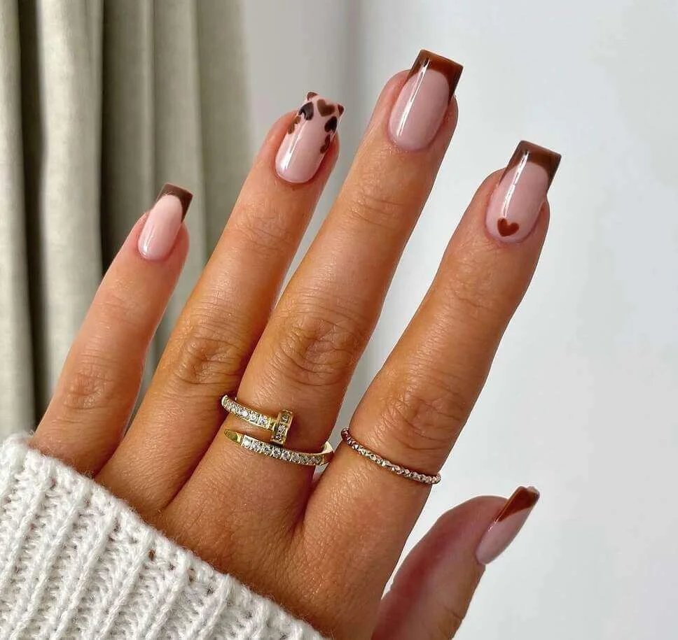 Chocolate French tips with leopard print and hearts