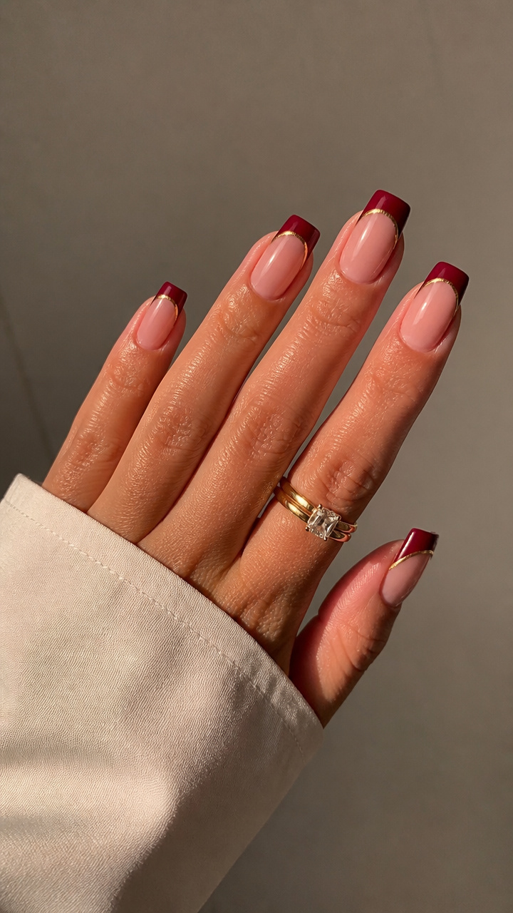 Cranberry French Tips with Gold Inlay