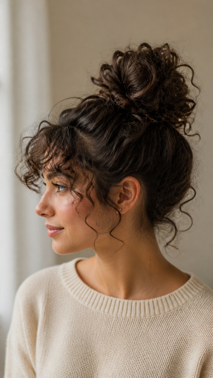 Curly Topknot with Fringe