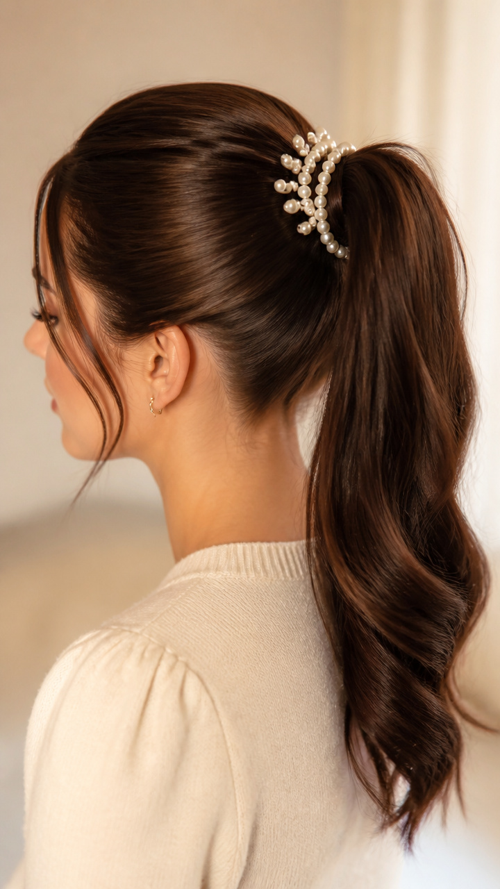 High Pony with Pearl Clips