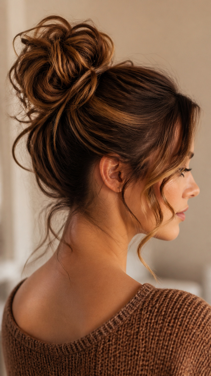 Loose Topknot with Escaping Curls