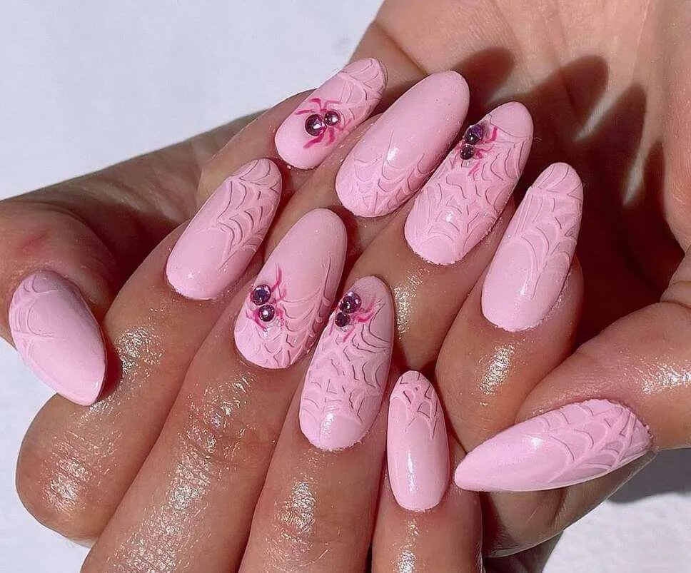 Matte Pink Spiderweb Nails