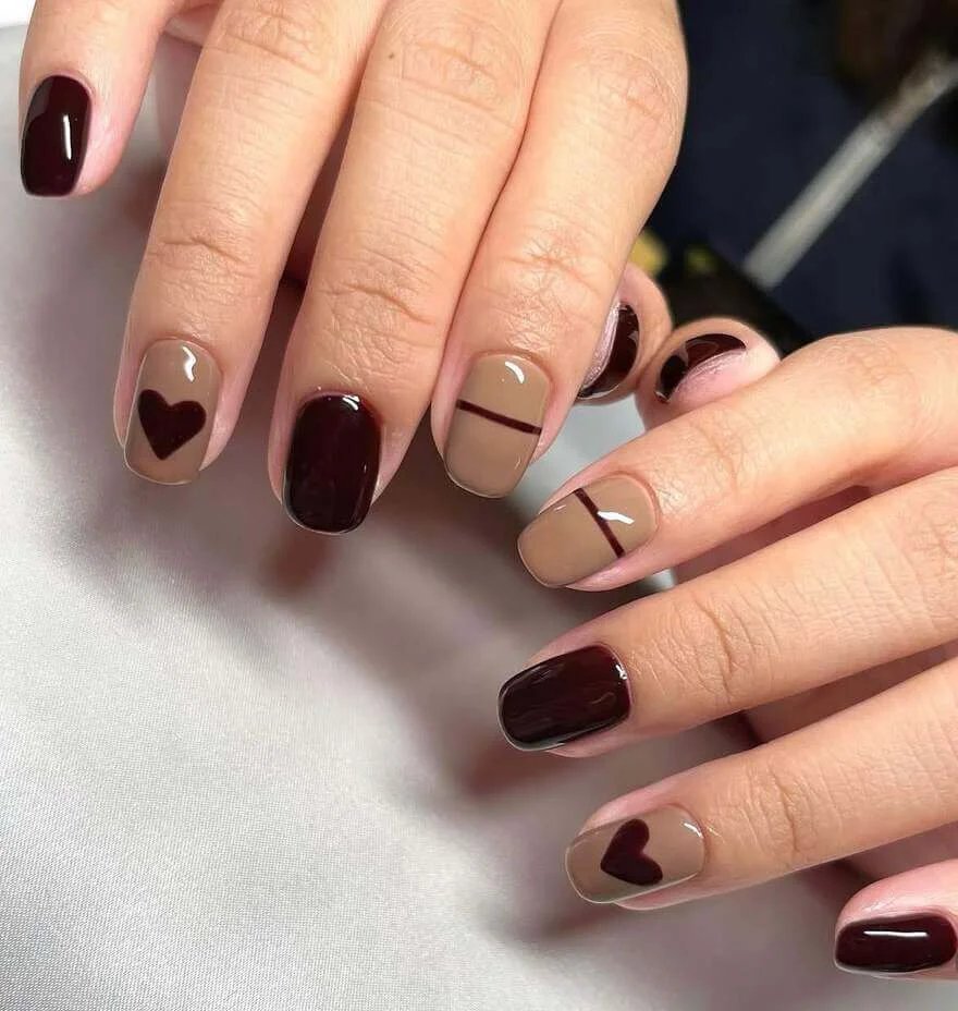 Mocha nails with espresso hearts