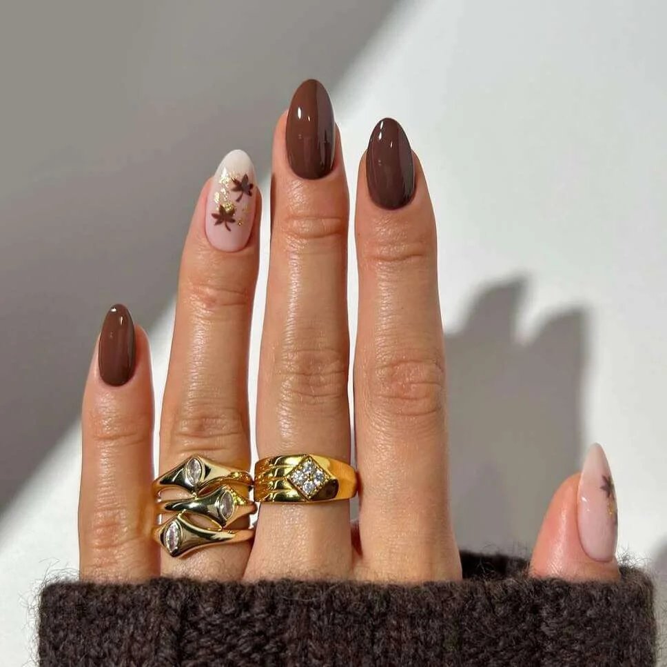 Mocha Nails with Gold Leaves