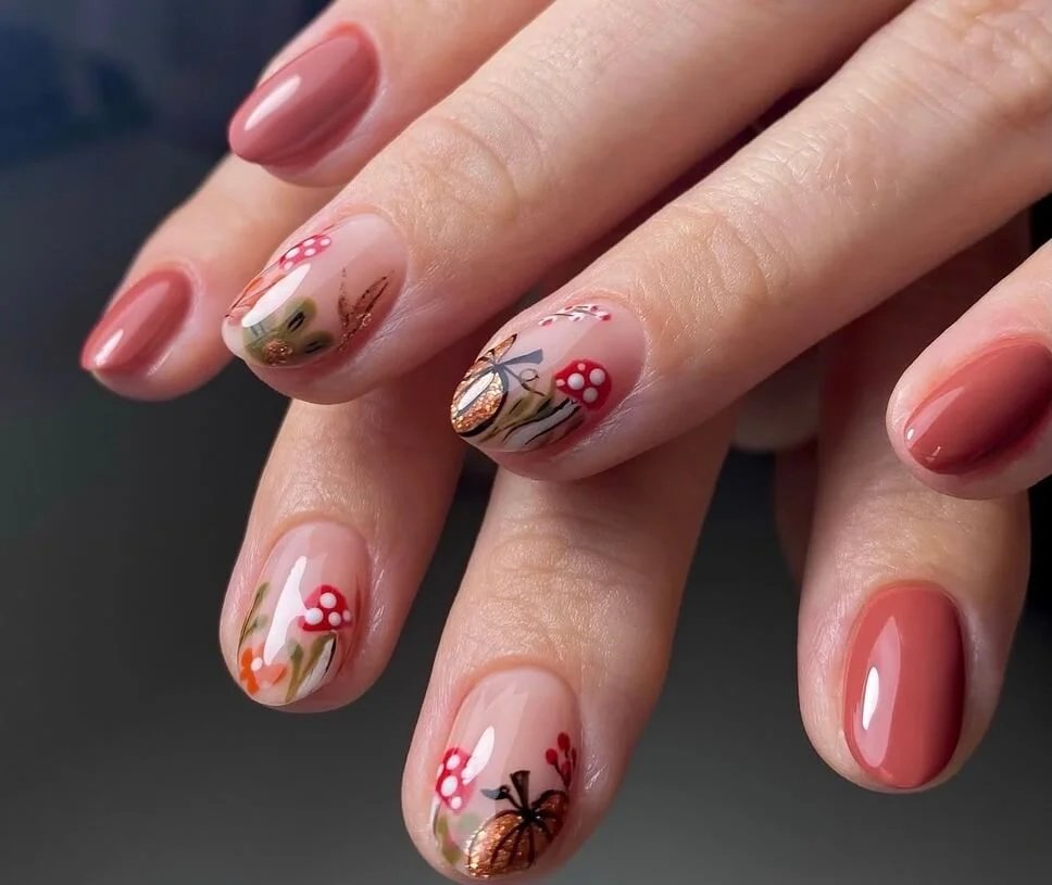 Mushroom and pumpkin nail art