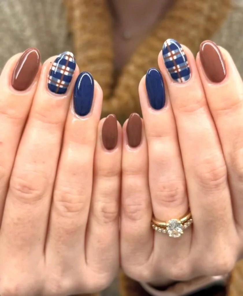 Navy brown plaid nails