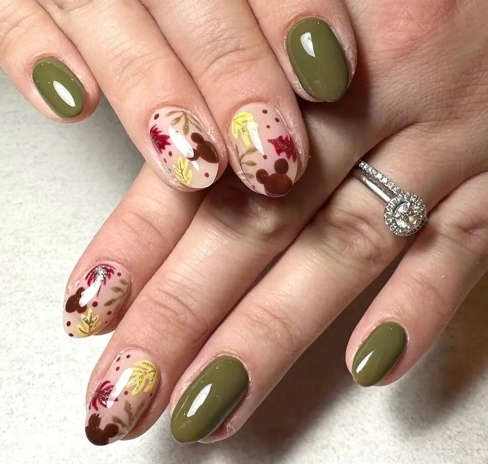 Olive Green Leaf Nails
